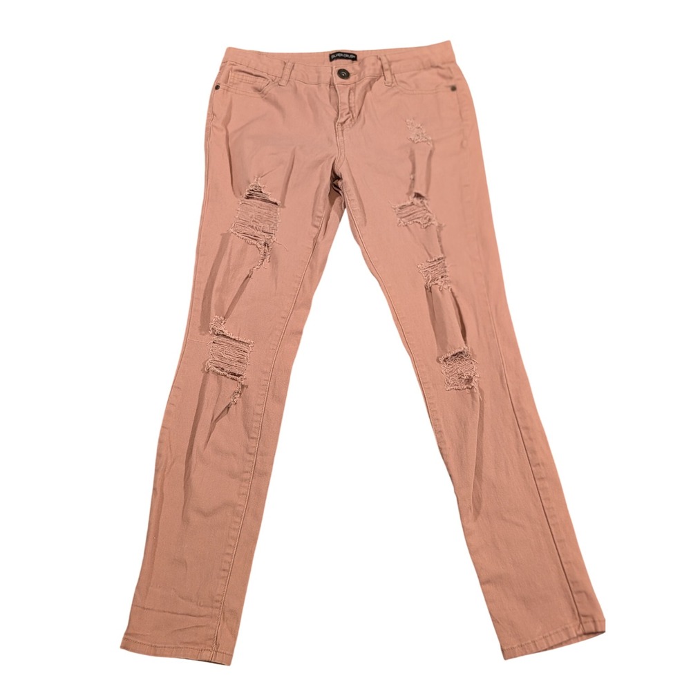 Silver Crush Women's Distressed Skinny Mid Rise Pink Cotton Jeans Size 7/8